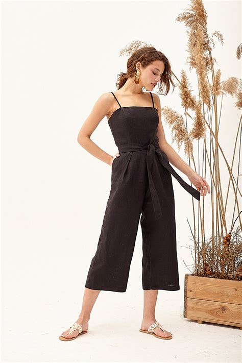 Black Linen Jumpsuit Culotte Jumpsuit Cropped Jumpsuit Wide Etsy