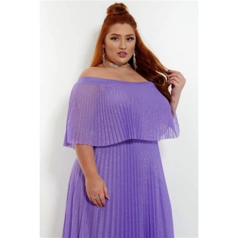 VESTIDO PLUS SIZE LILÁS OMBRO A OMBRO INTEIRO PLISSADO EM LUREX