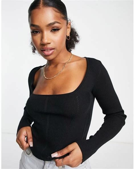 Stradivarius Synthetic Square Neck Corset Seamed Knit Top In Black