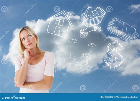 Composite Image Of Serious Blonde Thinking With Hand On Chin Stock