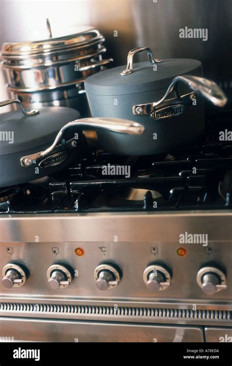 Saucepans On Hob Of Britannia Stove Stock Photo Alamy