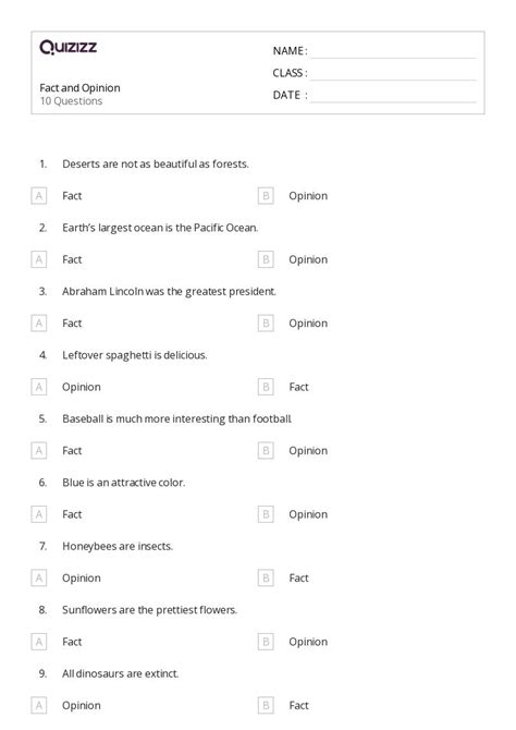 50 Fact Vs Opinion Worksheets For 1st Year On Quizizz Free And Printable