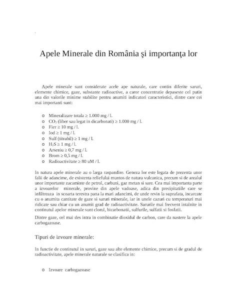 Doc Referat Ro Apele Minerale Din Romania Si Importanta Lor