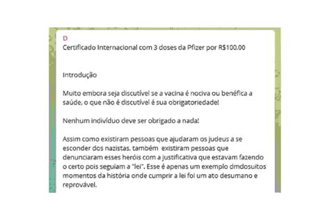 Certificados falsos de vacina são anunciados no Telegram por R 500