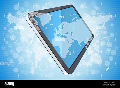 Blue Background With World Map And Tablet Computer Stock Vector Image