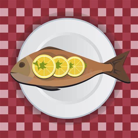 Fish On White Plate With Lemon And Herbs Vector Icon Illustration