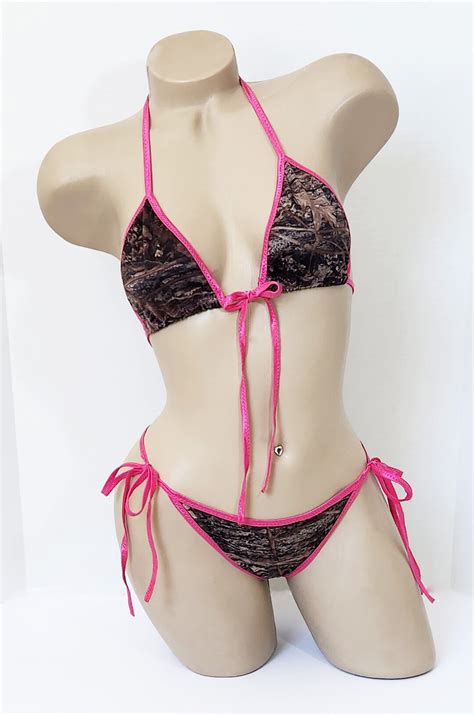 Camo String Bikini With Front Tie Top Hot Pink Trim Camouflage Bikini