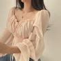 Happo Cinched Sleeve Square Neck Plain Ruched Tie Front Blouse Yesstyle