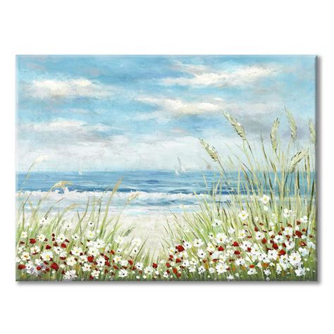 Utop Art Beach Scene Canvas Wall Art Seaside White Wildflower Blue