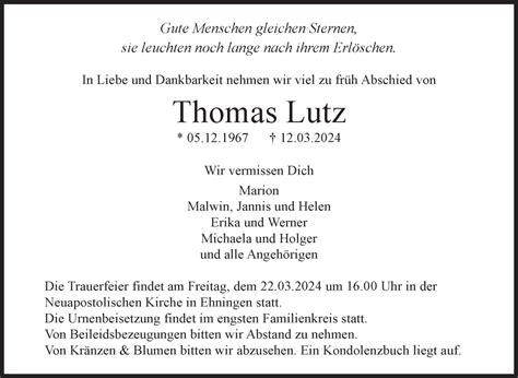 Traueranzeigen von Thomas Lutz Kreiszeitung Böblinger Bote