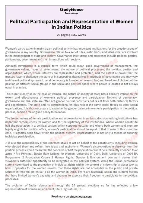 Political Participation And Representation Of Women In Indian Politics Free Essay Example