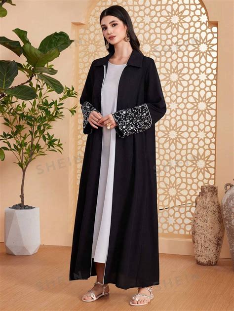 SHEIN Najma Vestido Abaya Feminino Colarinho Dobrável E Bordado Na