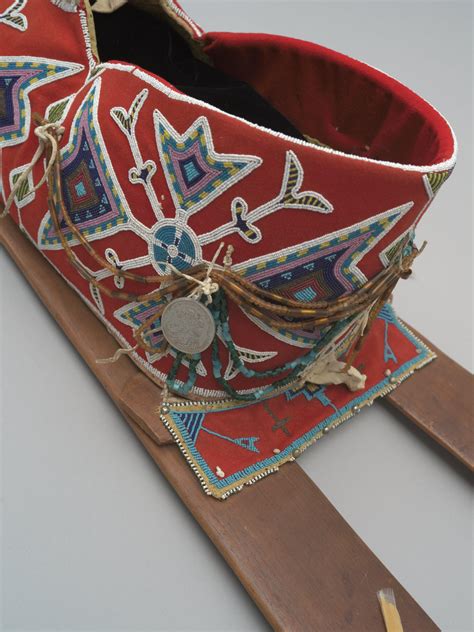 Cradleboard With Red Wool And Beaded Geometric Design Mounted On Solid