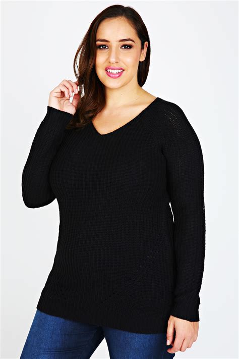 Black Longline Knitted V Neck Jumper Plus size 16,18,20,22,24,26,28,30,32,34,36