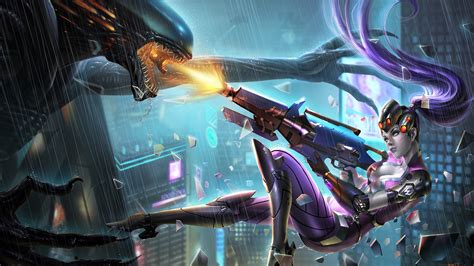 Amelie Lacroix Xenomorph Weapon Artwork Widowmaker Overwatch Wallpaper