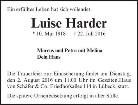 Traueranzeigen Von Luise Harder Trauer Anzeigen De