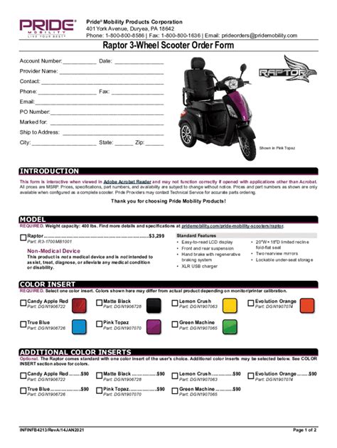 Fillable Online Raptor Wheel Scooter Order Form Raptororder Form