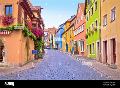 Rothenburg Ob Der Tauber Cobbled Colorful Street And Architecture Of