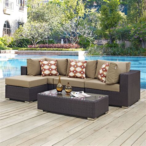 Modway Convene 5 Piece Outdoor Patio Sectional Set In Espresso Mocha