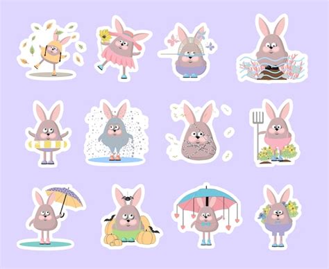 Premium Vector Set Of Stickers With Rabbits Cartoon Bunnies Stickers