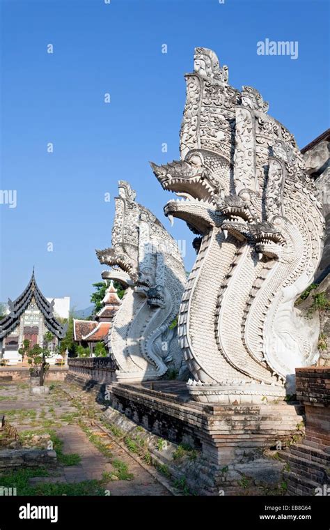 Naga Or Multi Headed Serpent Decorated Balustrade Wat Chedi Luang