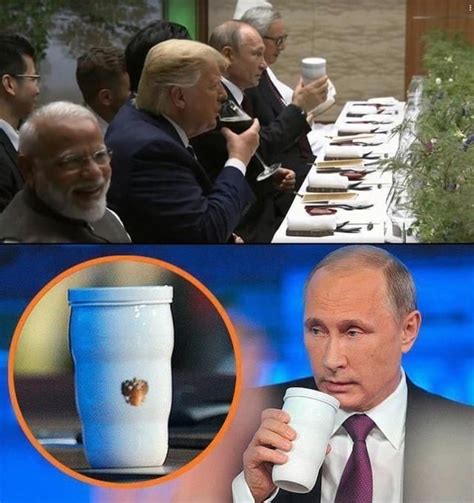 G20晚宴，普京手持保温杯和特朗普装有可乐的高脚杯碰杯