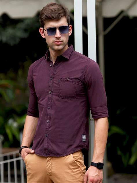 Men Slim Fit Casual Shirt Solid Brick Red Full Sleeves At Rs 999 00