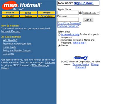 Hotmail in 2000 - Web Design Museum