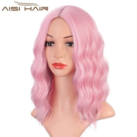 Aisi Hair Synthetic Light Pink Wigs For Women Short Wavy Bob Wig Heat Resistant Synthetic Party