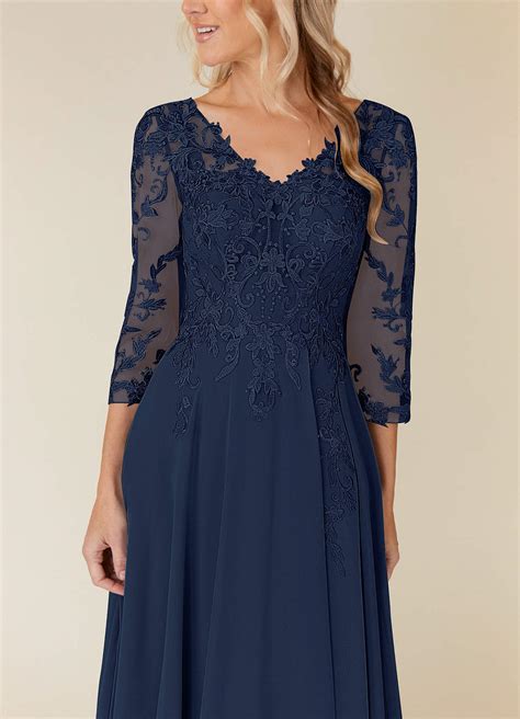 Azazie Noella Dark Navy A Line V Neck Lace Chiffon Dress Azazie