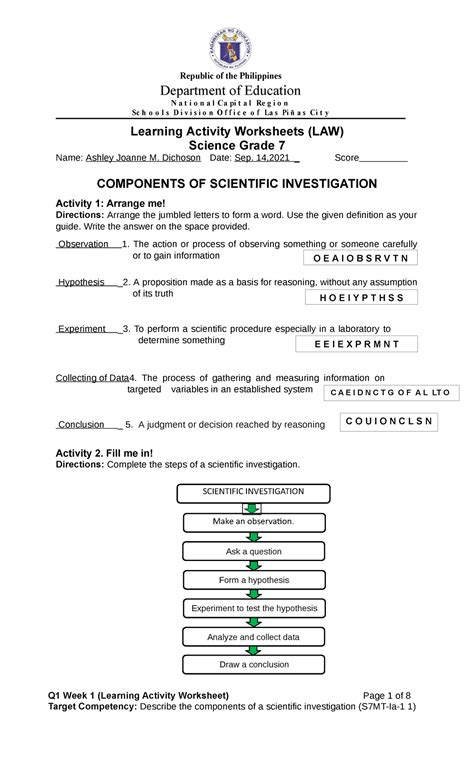 Learning Activity Worksheet - week 1, COMPONENTS OF SCIENTIFIC