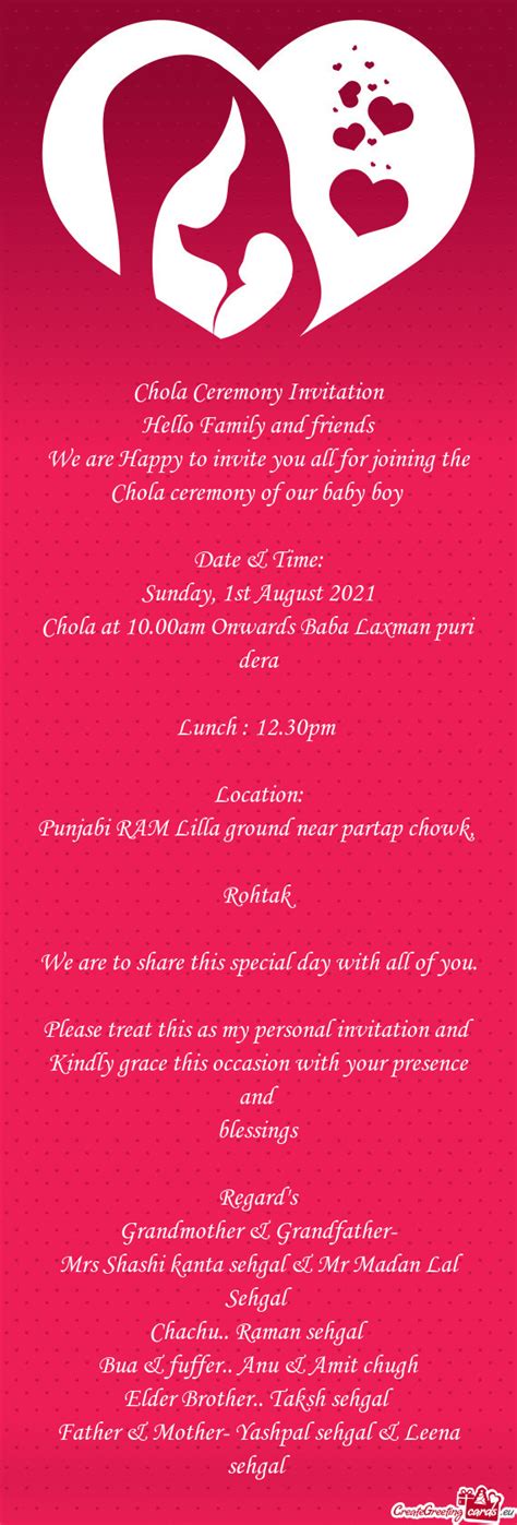 Chola Ceremony Of Our Baby Boy Date Time Free Cards