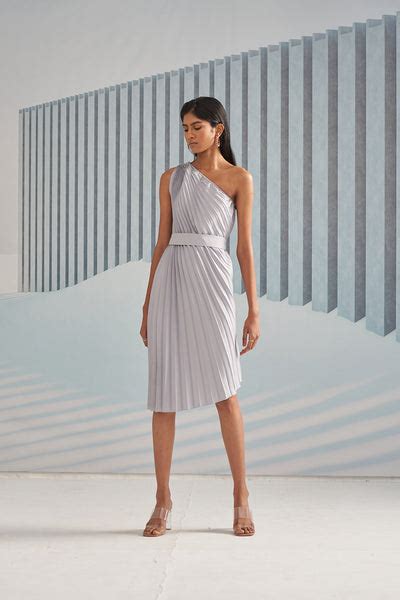 Buy Silver One Shoulder Dress With Belt Pleats By Aruni