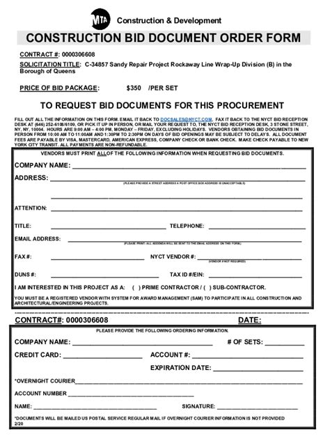 Fillable Online Mta Candd Const Document Order Form 11 19 Fax Email