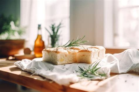 Freshly Baked Focaccia Bread On A White Kitchen Towel On A Wooden Table