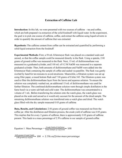 Lab Extraction Of Caffeine Extraction Of Caffeine Lab Introduction