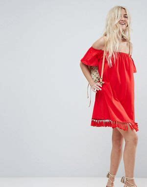 Asos Off Shoulder Sundress With Tassel Hem