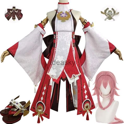 Anime Genshin Impact Yae Miko Guuji Yae Cosplay Costume Cos Wigs Shoes