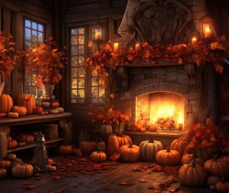 Premium AI Image | A cozy fireplace adorned with autumn decorations