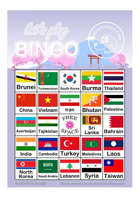 Asia Flags Bingo 5x5 5 Pages Call Sheet Made By Teachers