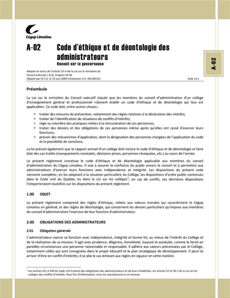 A 02 Code d éthique et de déontologie des