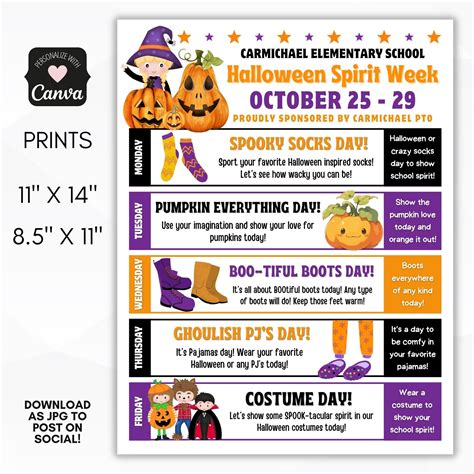 Halloween School Spirit Week Itinerary School Spirit Week Spirit