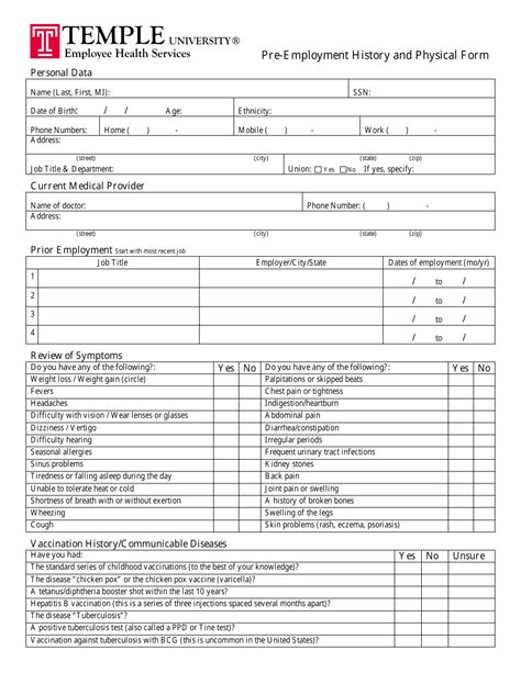 Pre Employment History And Physical Form Temple University Fill Out Sign Online And