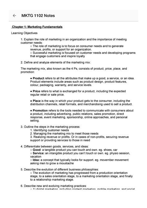 MKTG 1102 Fall Midterm Notes Chapter 1 Marketing Fundamentals