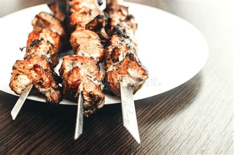 Shish Kebab On White Plate Stock Image Image Of Pepper 84584803