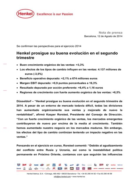 Henkel prosigue su buena evolución en el segundo trimestre Nota de prensa