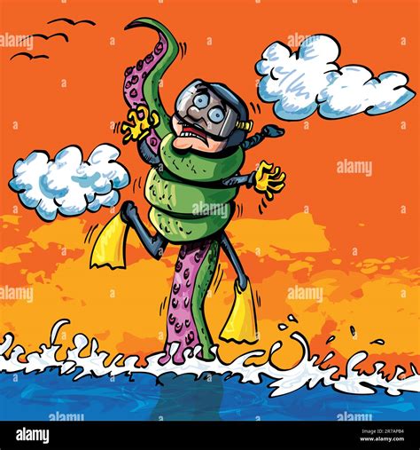 Cartoon Diver Attacked By Tentacle Coming Out Of The Water Stock Vector