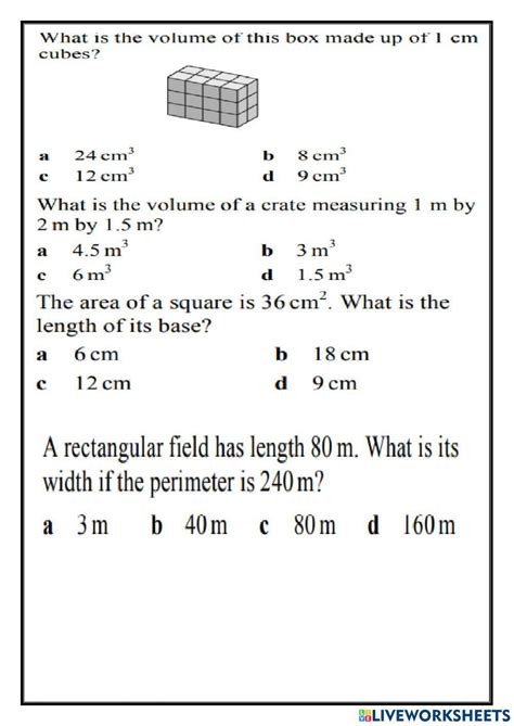 Area Perimeter And Volume Grade 6 Worksheet Live Worksheets