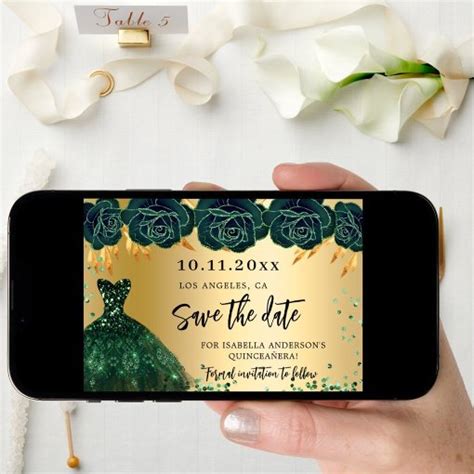 Quinceanera Emerald Green Gold Dress Florals Save The Date Zazzle