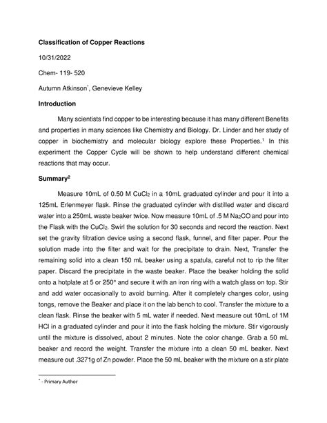 Classification Of Copper Reactions Lab Report Classification Of Copper Reactions 10 31 Chem